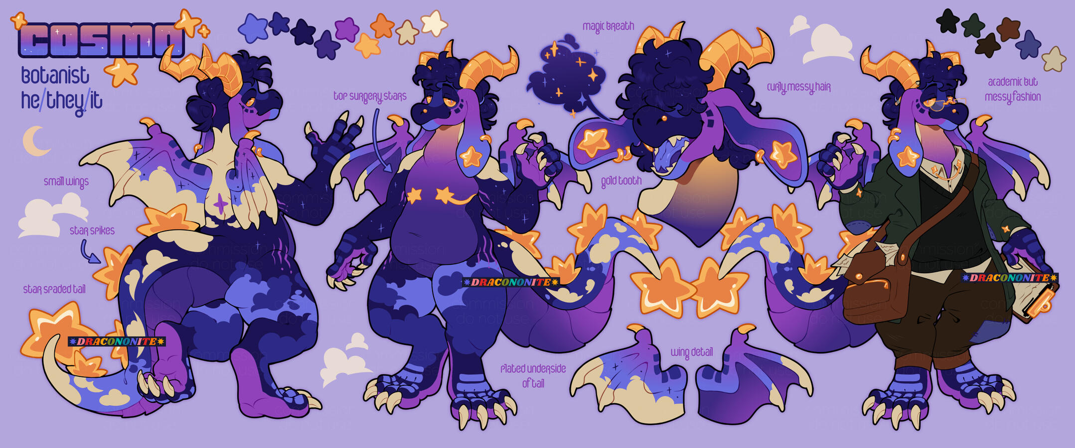 Reference sheet of a star-themed anthro dragon character, with star spikes, cloudy markings and droopy ears with star gauges.