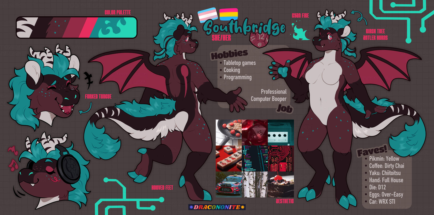 Southbridge Anthro dragon reference, with two fullbodies and two headshots. Brown and turquoise colors, cyan fire, birch tree antler horns.