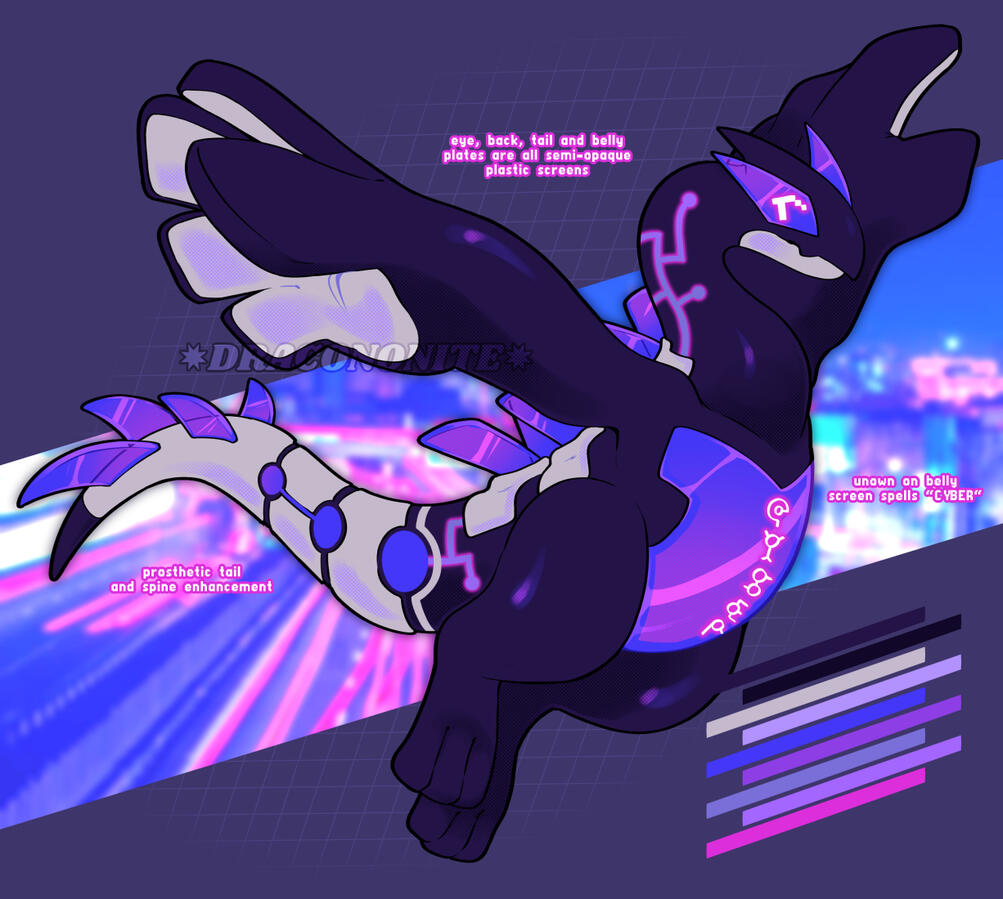 Futuristic Lugia character design with a synthetic tail, screen eyes and belly, and circuitry markings.