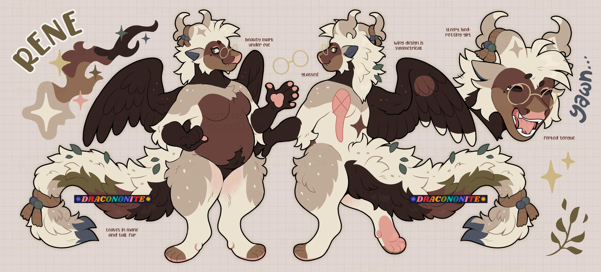 Anthro dragon character design with natural colors, a fluffy mane and tail, feathered wings and curled horn, and rope and bead trinkets.