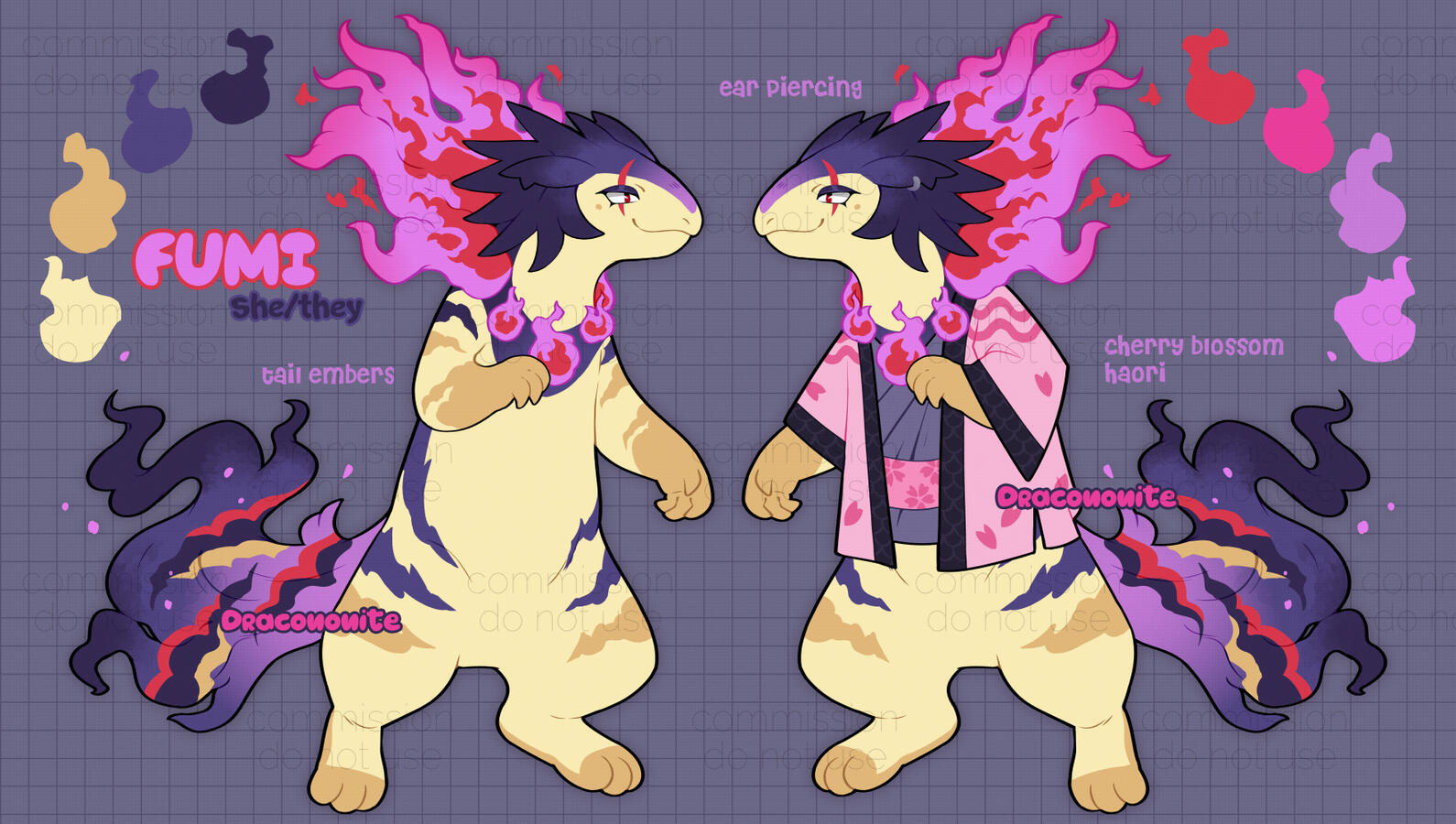 Reference sheet of a Hisuian Typhlosion character design, with stripe markings and a larger fluffy tail with wisps, an eye scar, and haori.