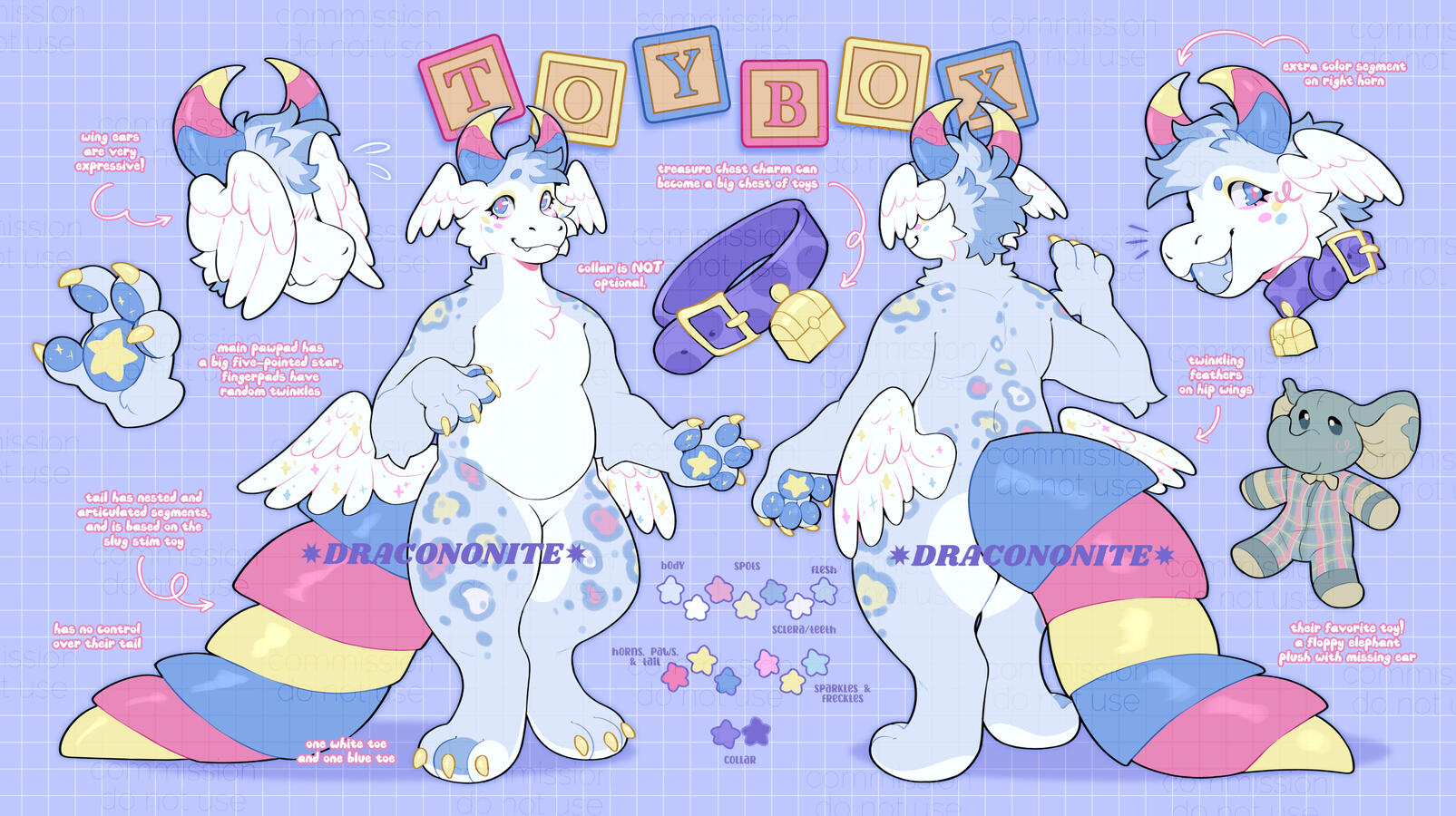 Reference sheet of a toy-themed dragon character with wing ears, leopard spots, and colorful fidget toy horns and tail.