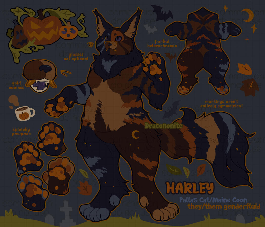Reference sheet of an anthro feline character, a Pallas cat and Maine Coon mix with an autumnal, Halloweeny theme.