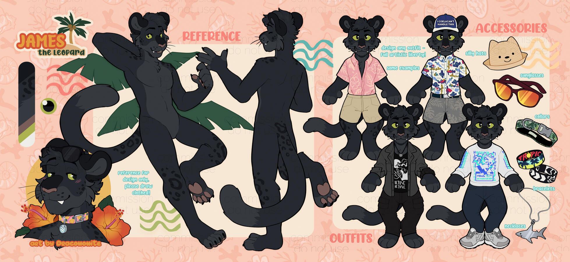 Reference sheet of an anthro leopard character with a tropical vibe, headshot, and outfit chibis.