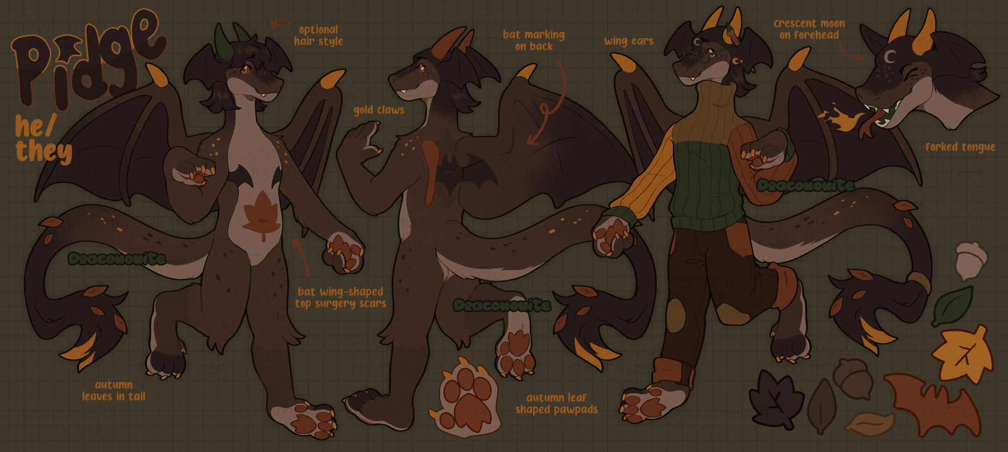 Mebibyte Ref sheet of an anthro dragon character with an autumn and Halloween theme, and a patchwork outfit.