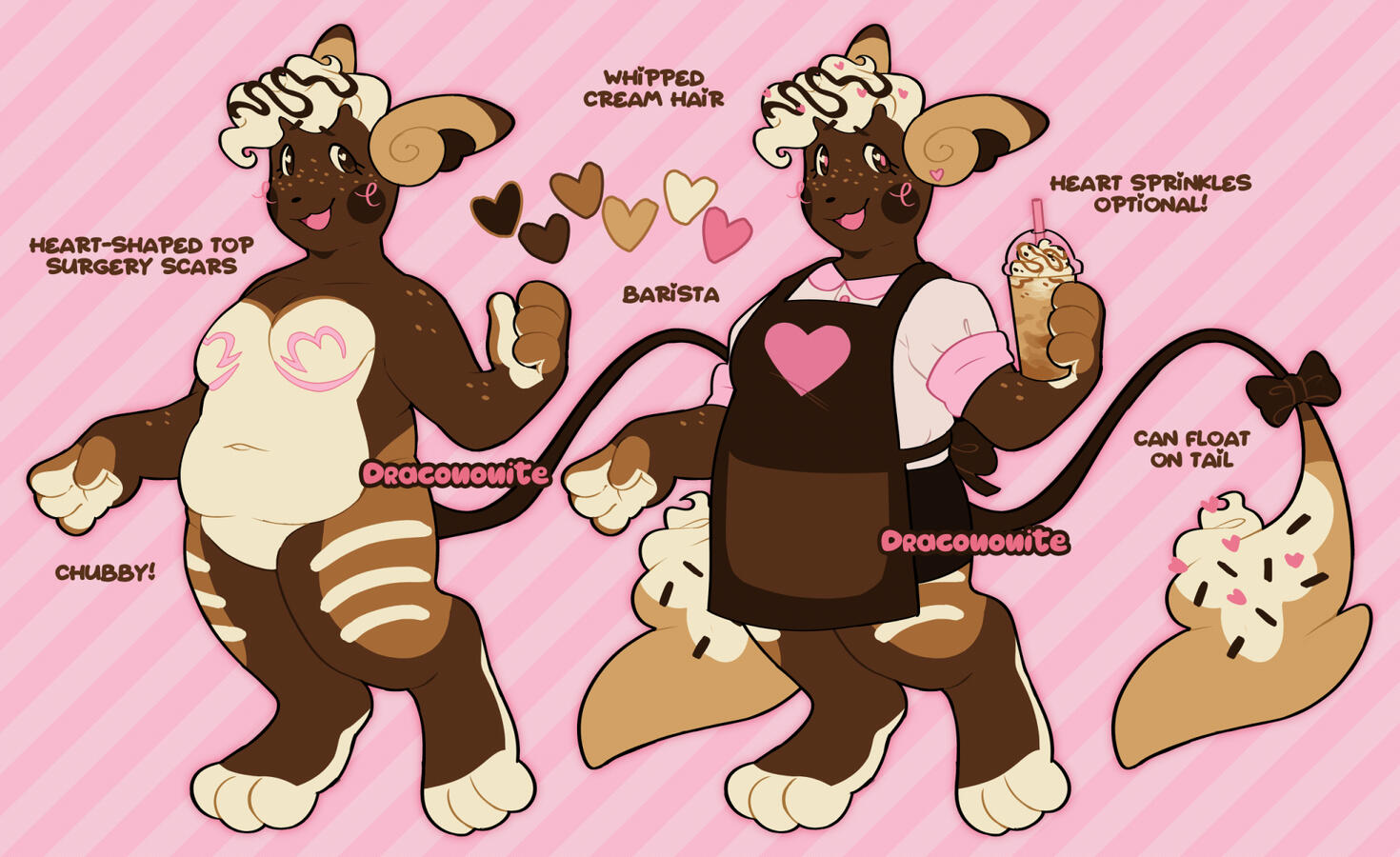 Alolan Raichu Anthro shiny Alolan Raichu character design, with whipped cream hair, sprinkles, heart-shaped top surgery scars, and barisa outfit.
