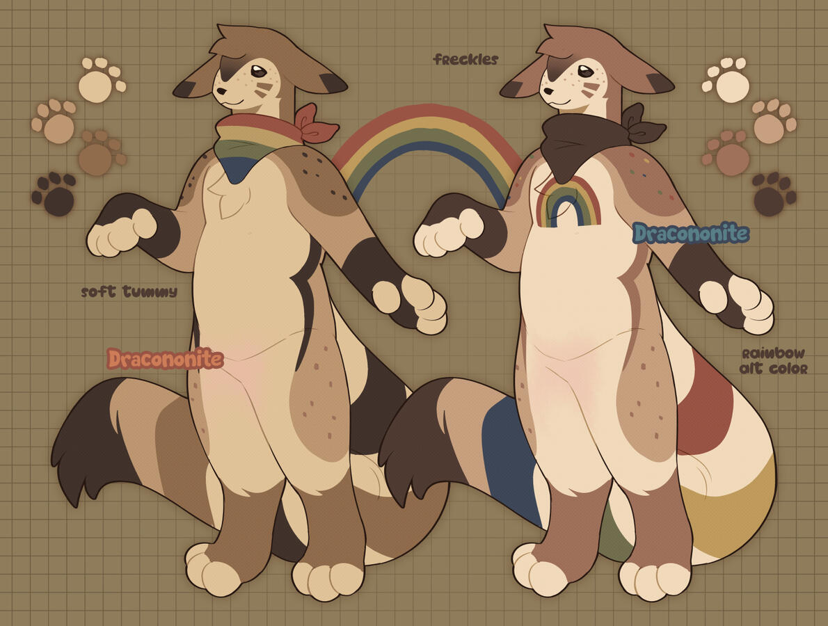 Anthro Furret character design with muted brown and warm rainbow markings and stripes, and a bandana.