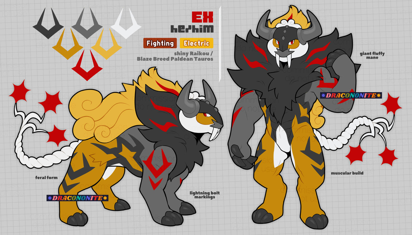 Reference sheet of a Pokemon fusion design, a Blaze Breed Tauros / shiny Raikou, shown as a feral and anthro. They have a fluffy cloudy mane, stripes and claws.
