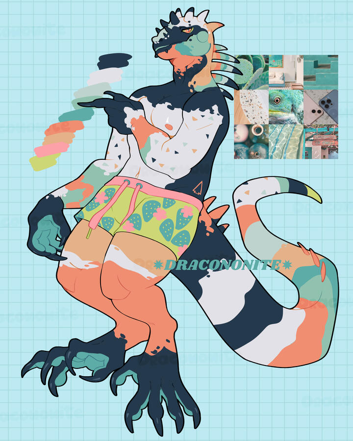 Anthro marine iguana character design with tropical colors, stripes and terrazzo spots, and swim shorts.