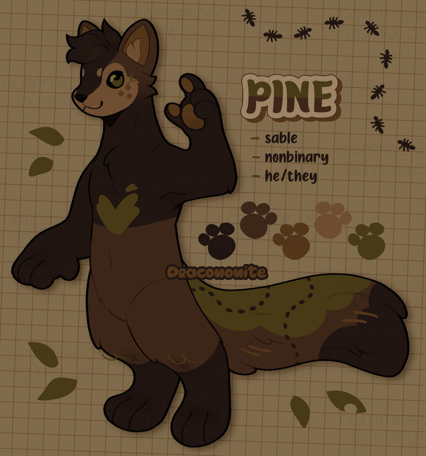 Anthro sable character design with natural colors, mossy and ant trail markings, and freckles.