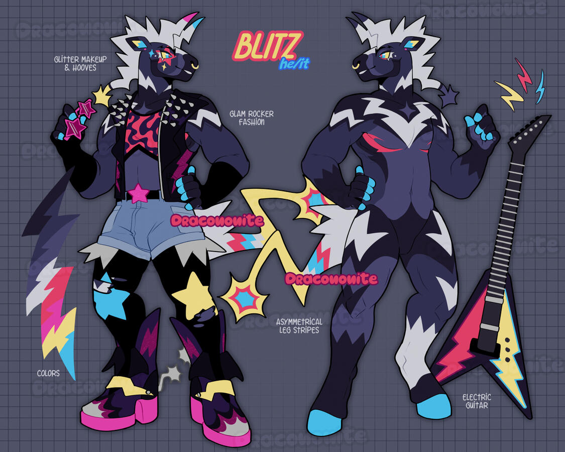 Anthro Zebstrika character design with a glam rock outfit, guitar, and spiky stripe markings.