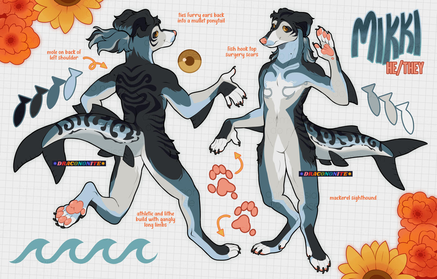 Reference sheet of an anthro dog mackerel character design, with a fish tail, fins and fish hook top surgery scars.