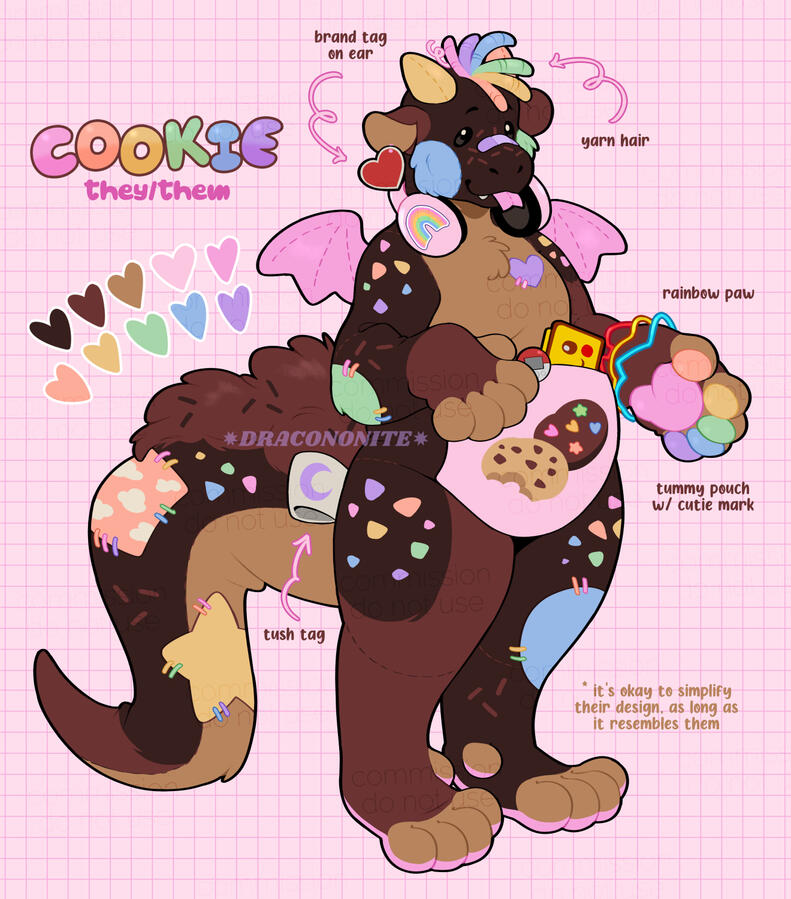Anthro plush dragon character design with pastel rainbow patches, paws, spots, yarn hair, and nostalgic accessories like silly bandz, a Pokewalker and Ty tag.