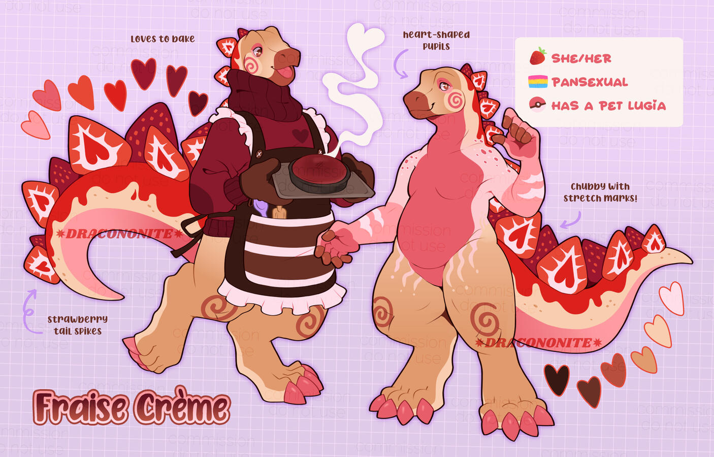 Reference sheet of an anthro stegosaurus character with a strawberry shortcake theme and baking in a red velvet apron.