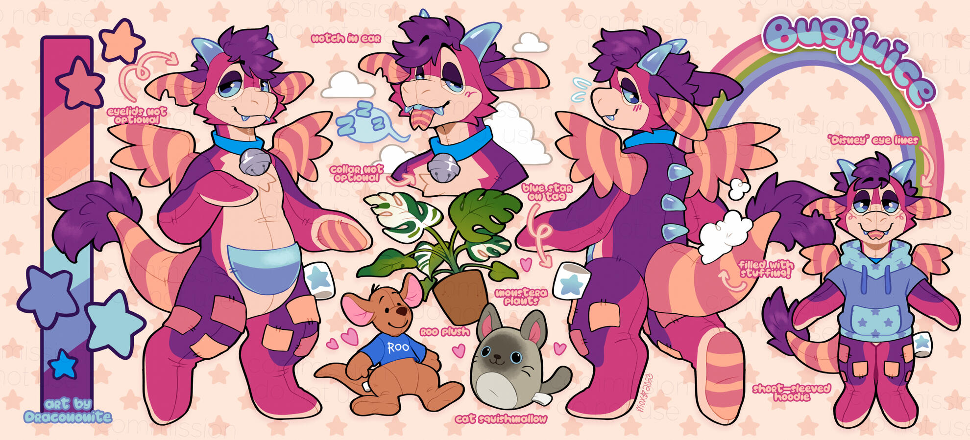 Reference sheet of a plush anthro dragon character, with items, a headshot and outfit chibi.