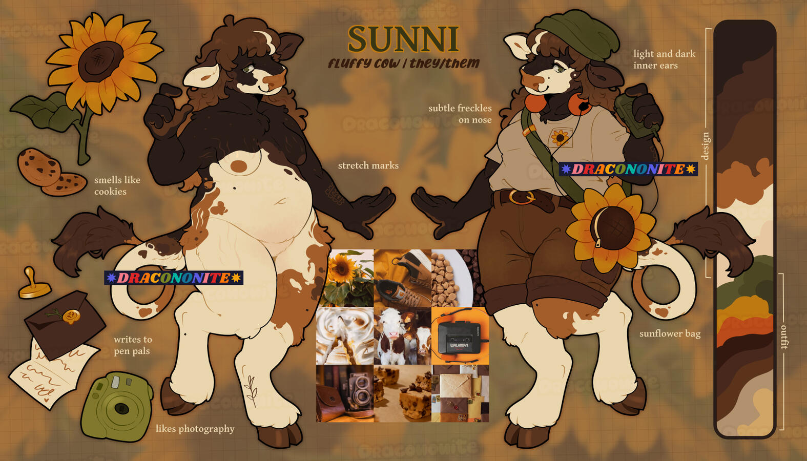 Reference sheet of a cow character with cream and brown splotch markings and a cozy sunflower-themed outfit and accessories.