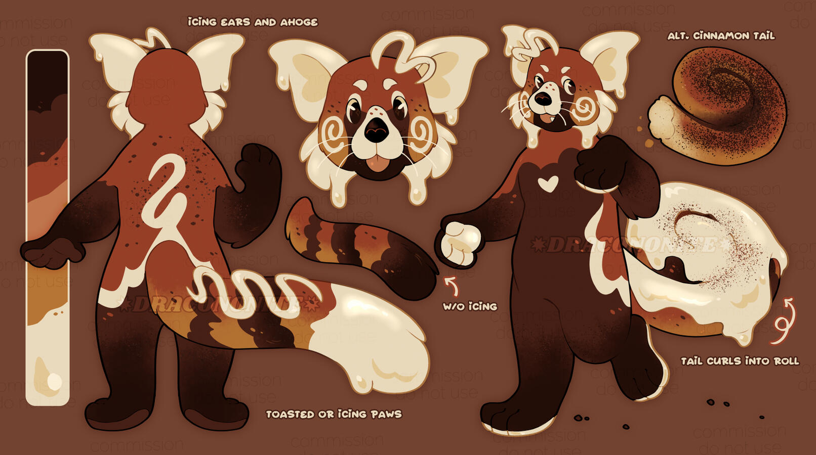 Reference sheet of an anthro red panda character design, themed around cinnamon rolls, with icing hair and tail and swirly cheek markings.