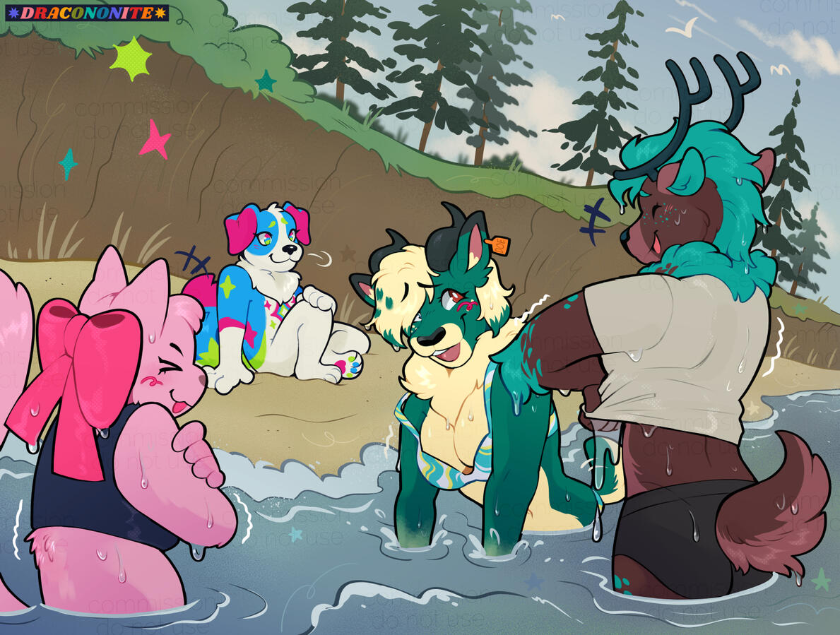 Illustration of four anthro characters at the beach. Three are taking a dip in the chilly water, shivering and laughing, while the fourth is sitting on the sand with a bemused expression.