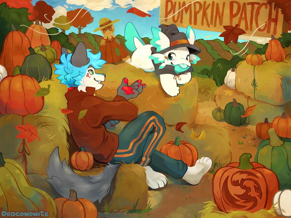 Digital painted illustration of two characters lounging on haybales in a pumpkin patch, one an anthro canine and the other a small axolotl in a wizard costume.