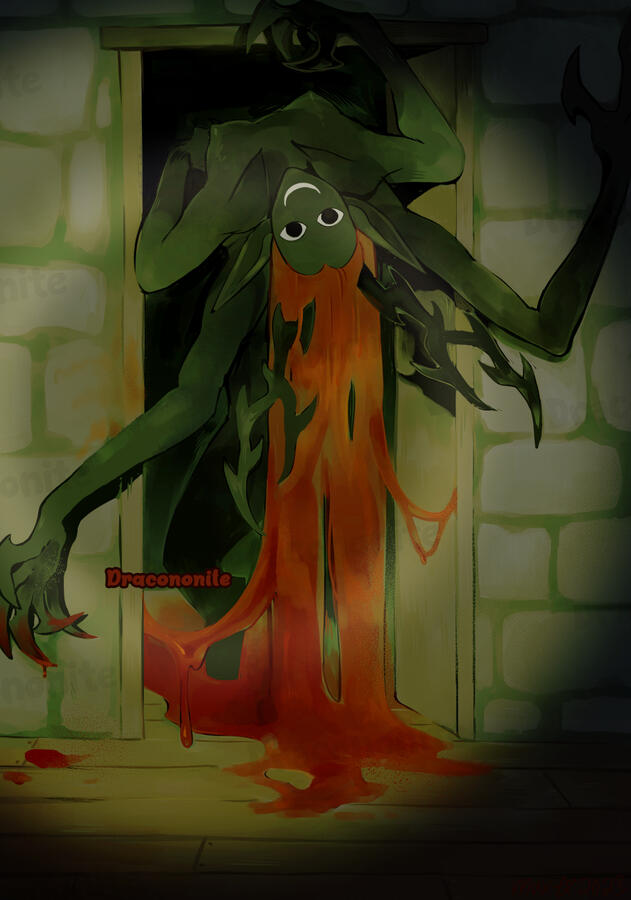 Digital painting of an analog horror humanoid monster with dripping blood hair and jagged antlers, crawling upside-down through a cobblestone doorway with a flashlight spot on her.