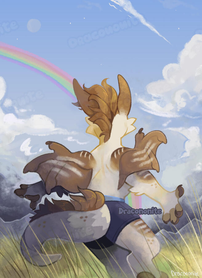 Illustration of an anthro dragon character with small wings running through a grassland. The sky before them is blue with fluffy clouds and a rainbow, the mountainous horizon dark with incoming rainclouds.