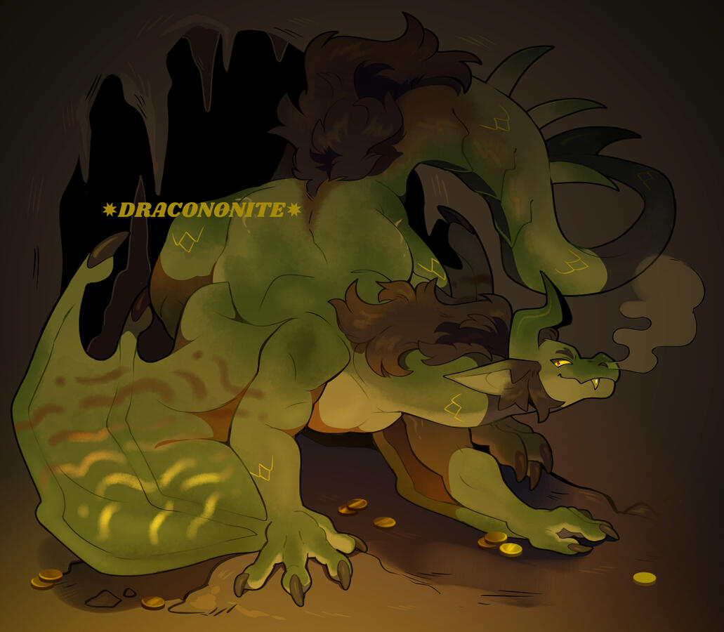Illustration of a large anthro wyvern crawling out of a dungeon cave with a mischievous expression, gold coins scattered beneath them.
