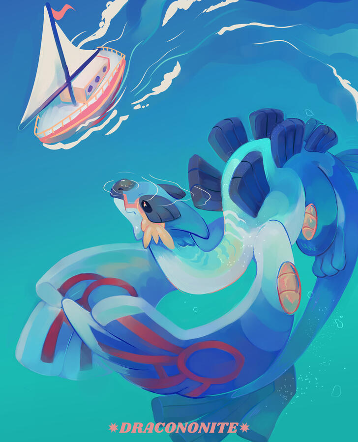 Digital painting of a large Pokemon character, a fusion between Lugia, Kyogre and Swampert, swimming in the ocean next to a small sailboat.