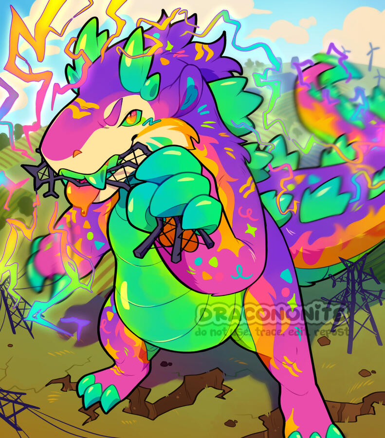 Illustration of a kaiju character chomping on an electrical tower with lightning arching down their spines, the ground cracking beneath their weight.