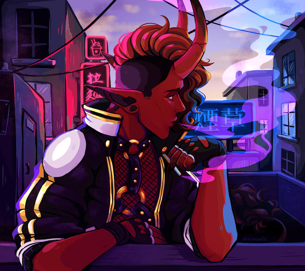 Digital painted illustration of a demon character smoking on a balcony, neon signs glowing behind them in Japanese.
