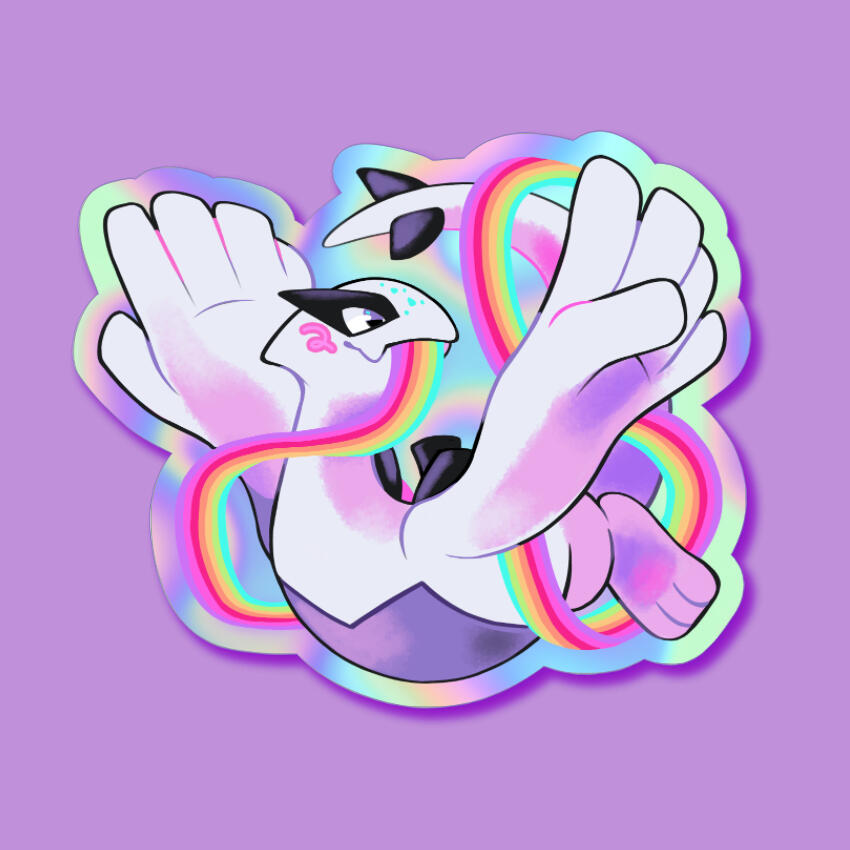 Holographic sticker design of a Lugia holding a winding rainbow.
