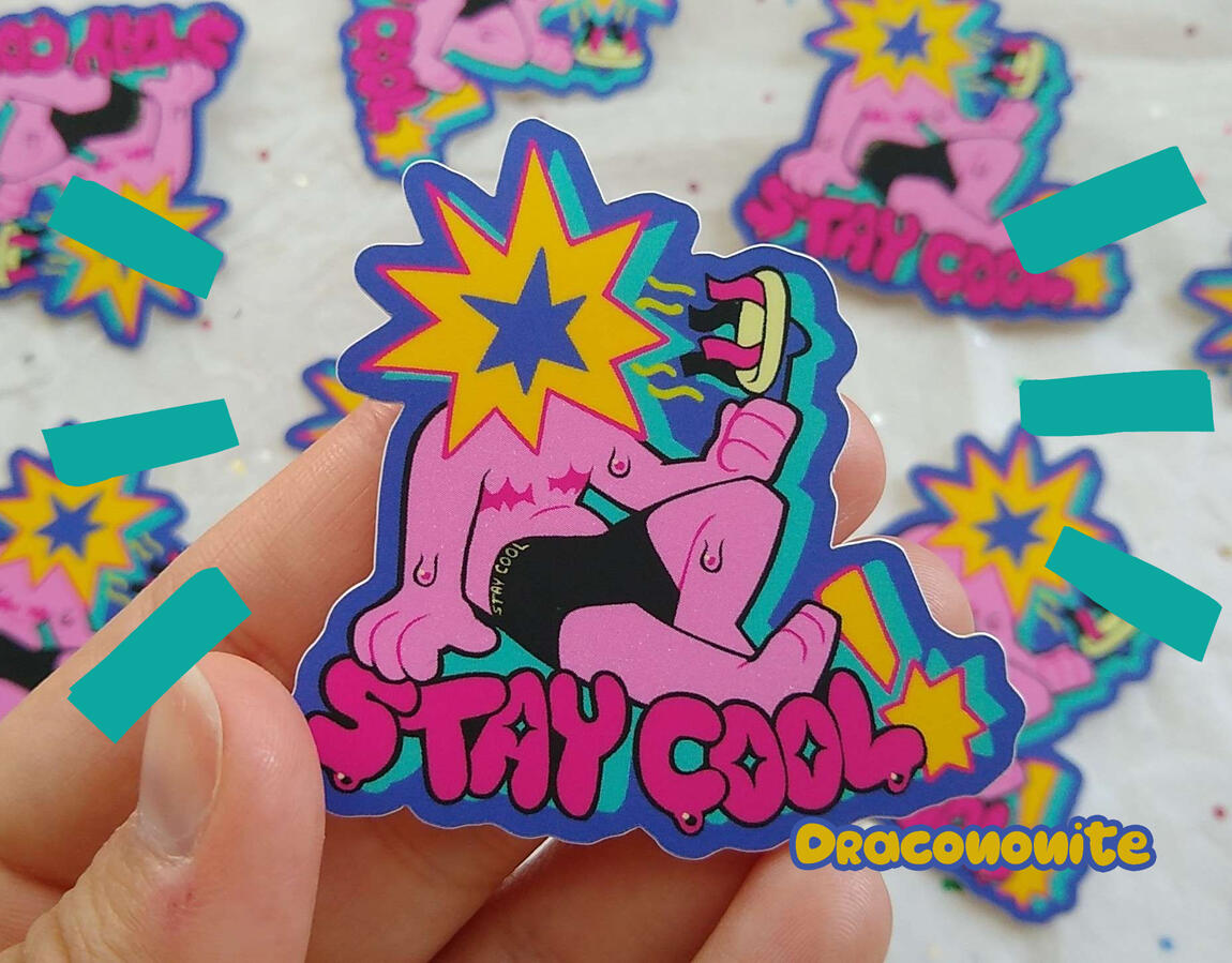 Sticker design of a starhead person with top surgery scars and boxers, holding a handheld fan and sweating. Bubble text reads "Stay cool!"