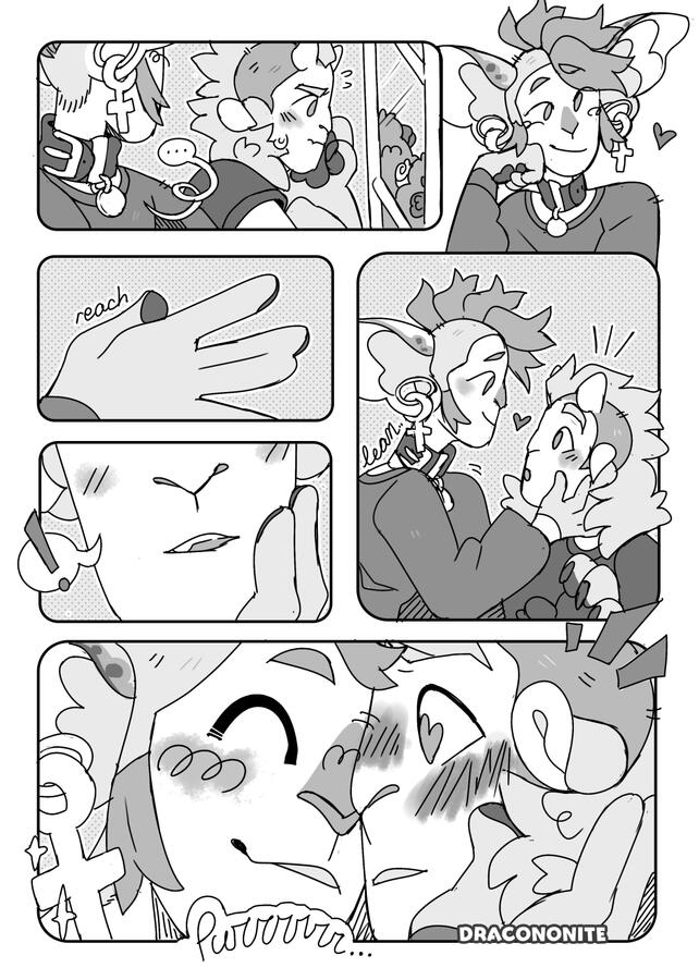 Page 2 Dimitri watches Reuben nervously stare out of the window at a rose garden. He decides to reach out and cup Reuben's face, turning it to nuzzle his nose happily with a purr, which surprises him into blushing deeply with heart eyes.