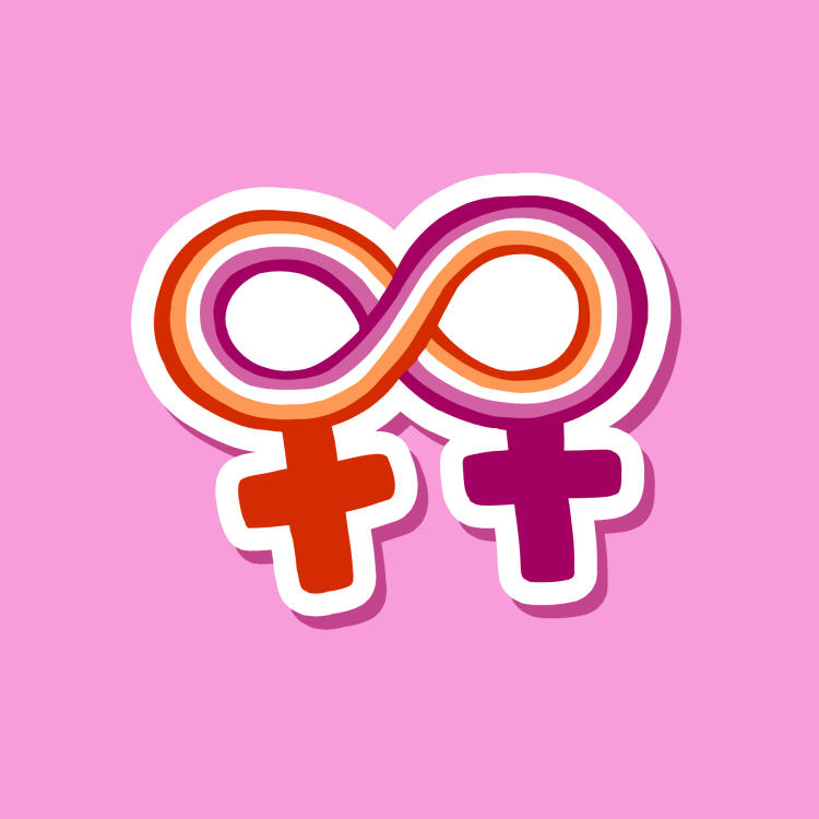 Sticker of a lesbian flag and symbol combined with the infinity symbol used to represent autism.