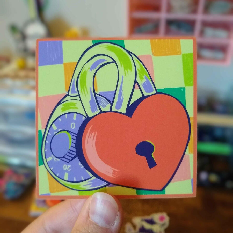 Square sticker design of two locks locked together, one a number dial and the other a heart with a keyhole. The background is multicolor checkers.
