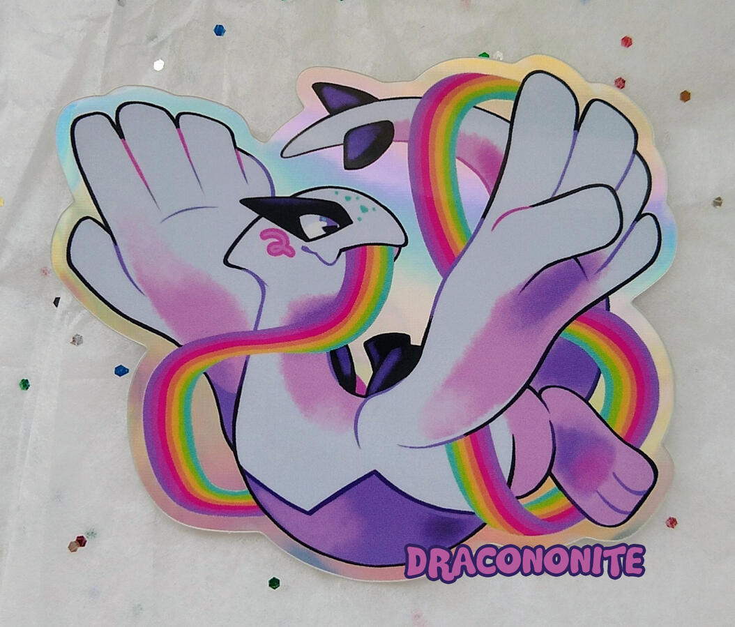 Holographic sticker design of a Lugia holding a winding rainbow.