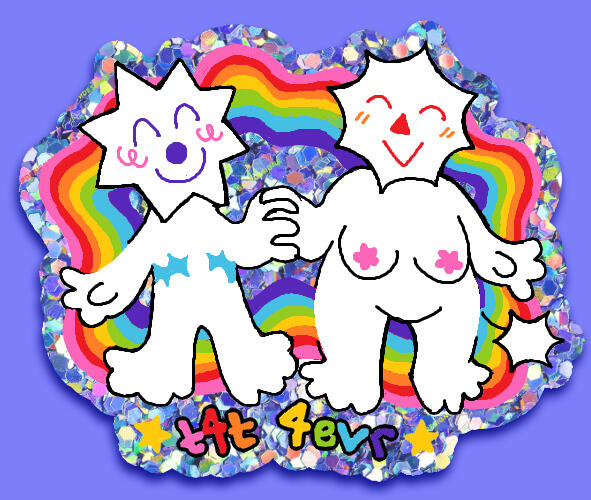 Glitter sticker design of two star-headed people holding hands, one with top surgery scars and the other with breasts. There is a rainbow squiggle behind them and text reads "t4t 4evr".