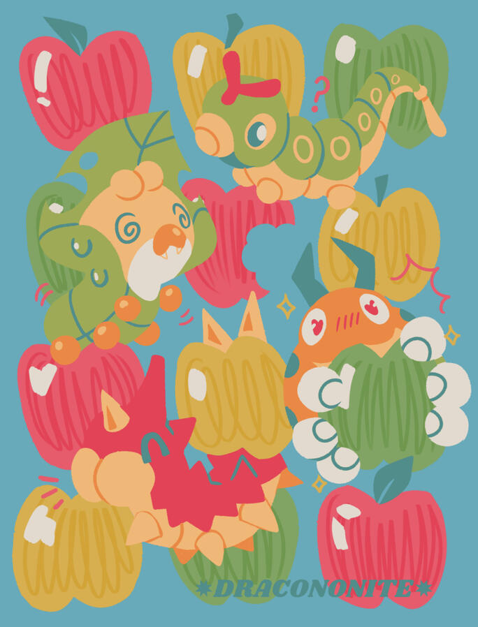 Art print of bug Pokemon eating apples.