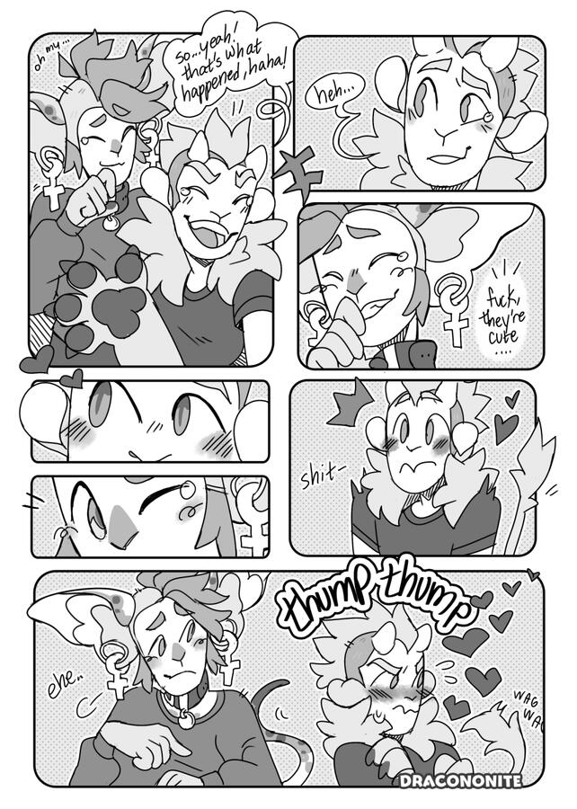 Page 1 Two feline humanoids are mid-conversation, laughing. Reuben looks at Dimitri as she smiles, thinking that they're cute. When caught staring, he quickly looks away, heart beating fast.