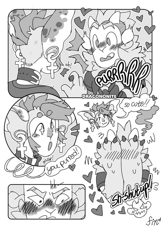 Page 3 A loud purr unexpectedly erupts from Reuben, surprising the both of them as hearts surround him. Dimitri is delighted, saying "You purred!" This embarrasses Reuben into covering his face as he steams, with Dimitri saying "So cute!!"