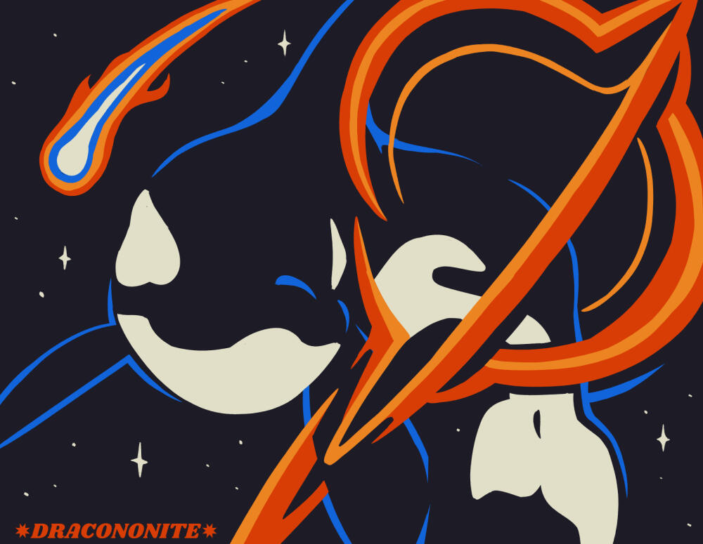 Art print design of an orca swimming through a black hole, stars and a comet behind them.