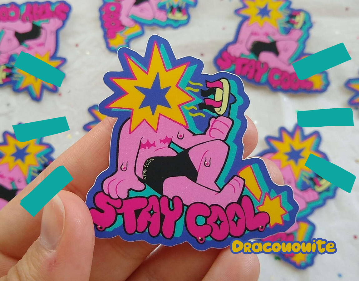 Stay Cool Sticker Sticker design of a starhead person with top surgery scars and boxers, holding a handheld fan and sweating. Bubble text reads "Stay cool!"