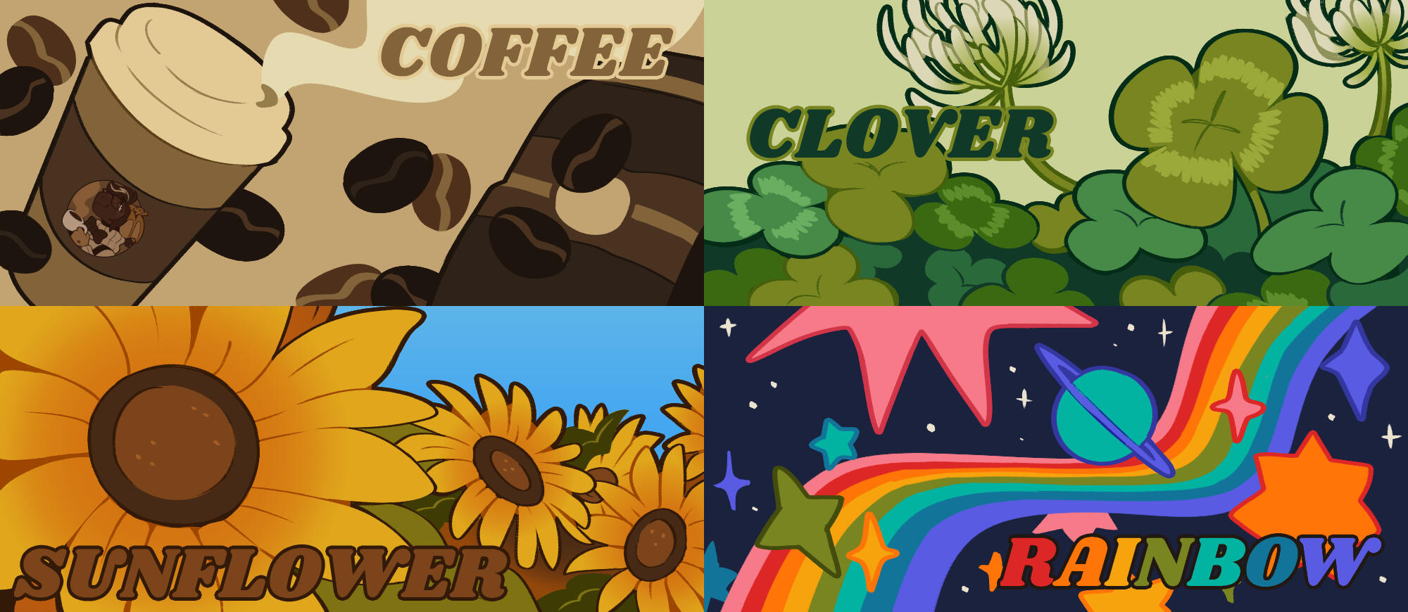 Patreon and Ko-fi Tiers Four header illustrations for membership tiers. 1) "Coffee" to-go coffee cup and coffee beans. 2) "Clover" patch of clover with a four-leaf shamrock and clover flowers. 3) "Sunflower" field of vibrant sunflowers. 4) "Rainbow" rainbow ribbon surrounded by c