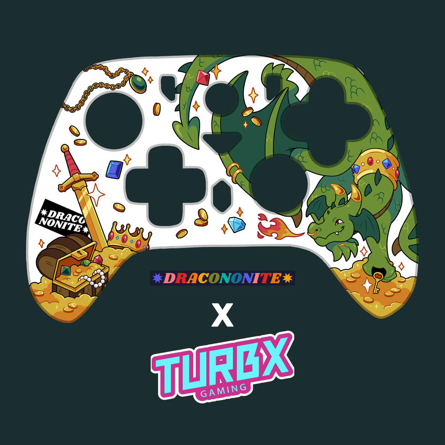Dracononite x TurbX Gaming controller illustration of a green western dragon and a treasure hoard.
