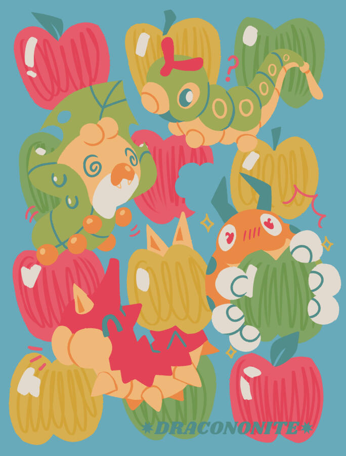 Apple Buggy Art print of bug Pokemon eating apples.