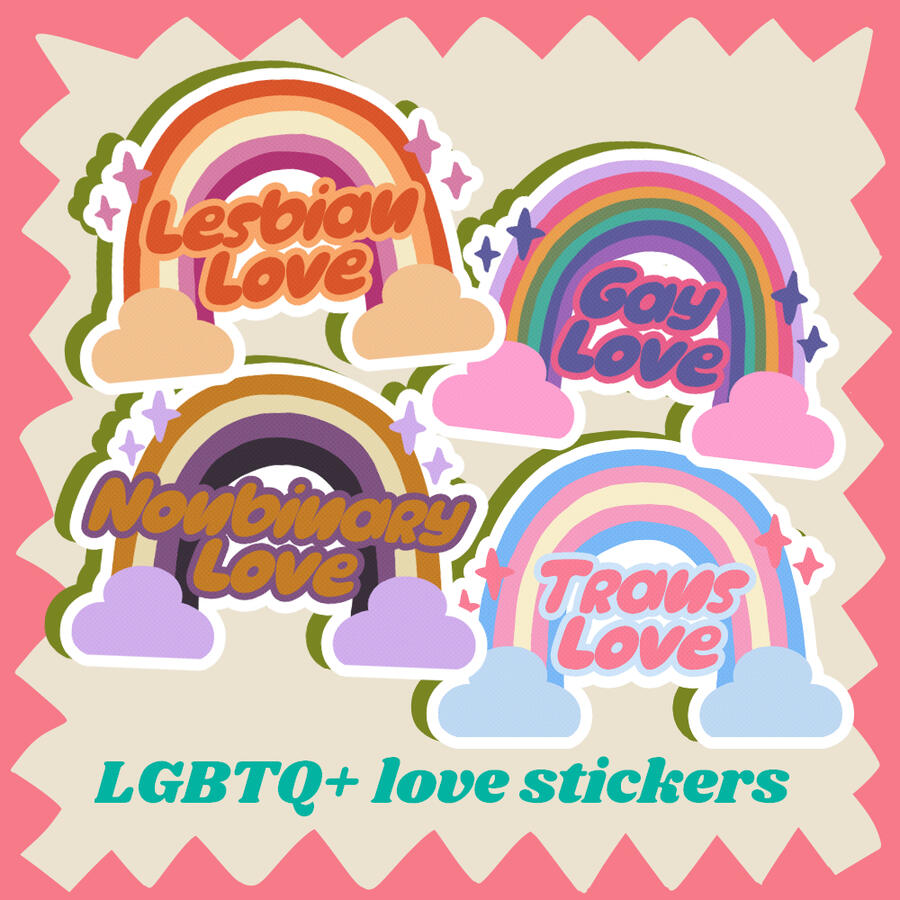 LGBTQ Love Stickers of pride flags as rainbows with clouds and sparkles. There is lesbian, gay, nonbinary and trans.