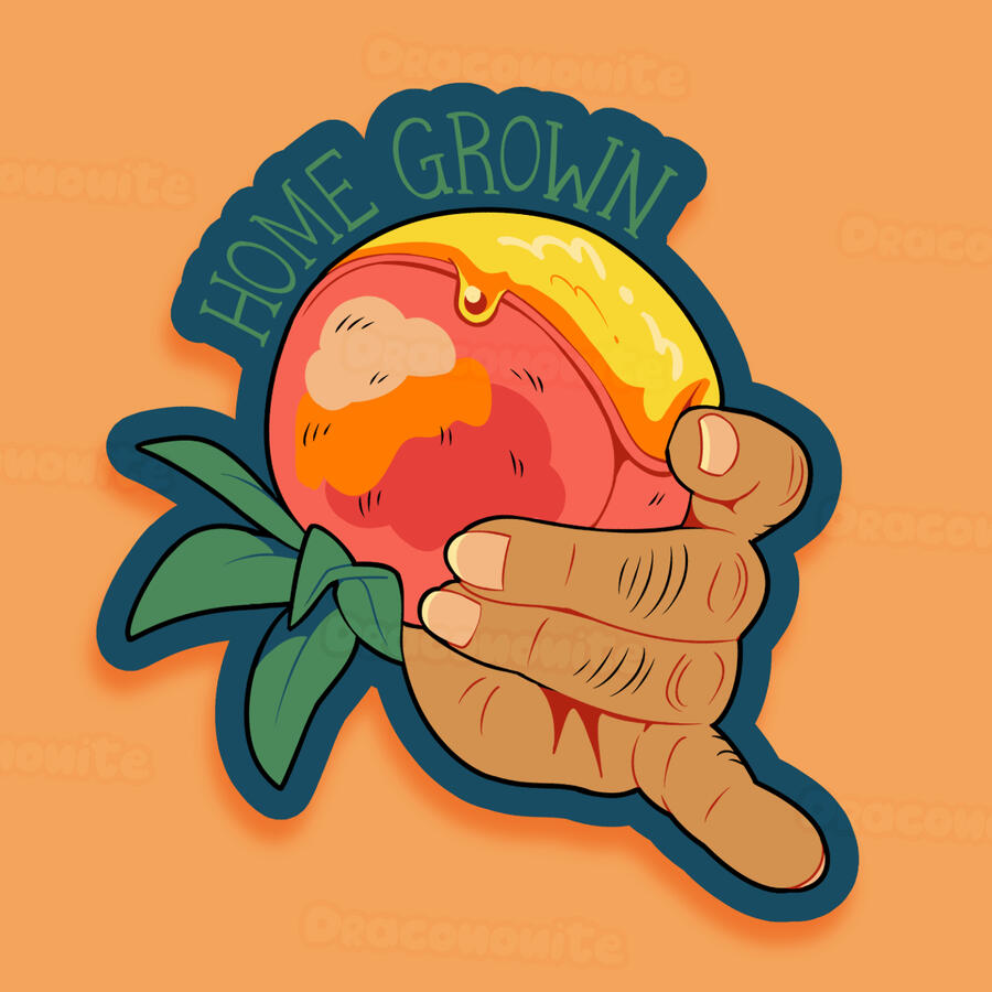 A tan hand holding a peach, decorated by peach tree leaves. One of the fingers holding a peel of the fruit's flesh over the cleft.