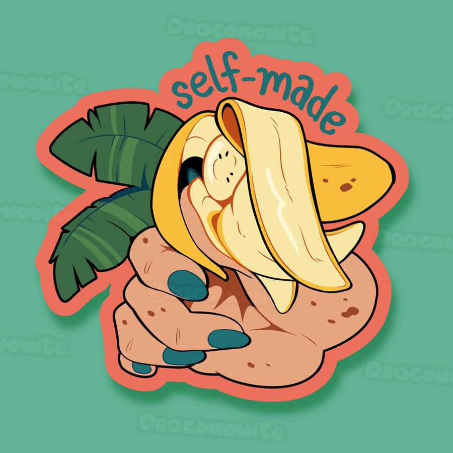 self-made A freckled hand with painted nails holds the peel of a banana, surrounded by banana leaves. The fruit is cut short and the peel folds around it.
