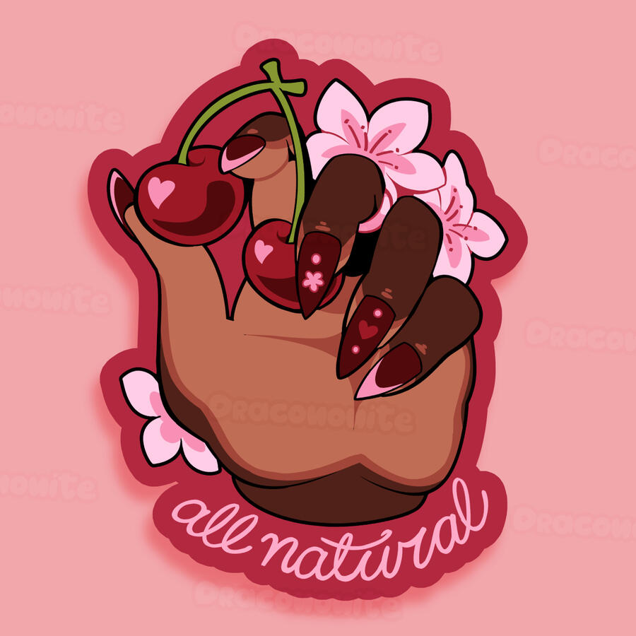 all natural A brown hand with manicured painted nails holds a pair of cherries, surrounded by cherry blossoms.