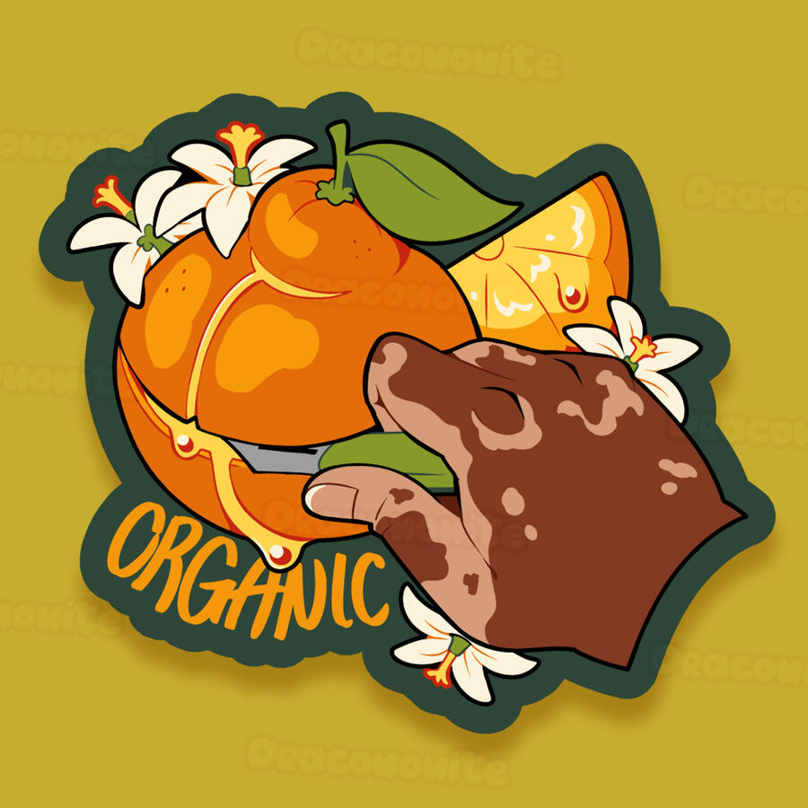 A brown hand with vitiligo cuts into the peel of a tangelo with a fruit peeler, surrounded by orange blossoms. The cut in the fruit is similar to a T-anchor top surgery incision.