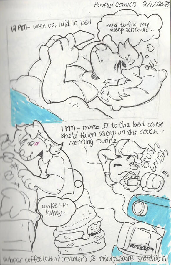 Page 1 A dog anthro lays tiredly in bed looking at their phone, before waking their partner who had fallen asleep on the couch. They go through their morning routine: brushing teeth, coffee, microwave breakfast sandwich.